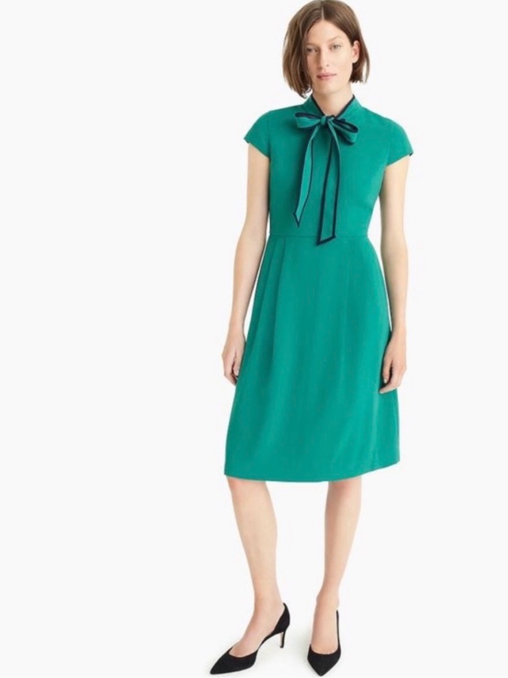 J.Crew Green Tie Neck Short Sleeve Fit and Flare Dress Navy Trim in 365 Crepe